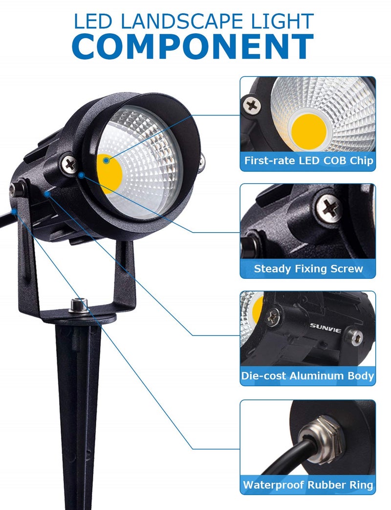 SUNVIE 12W Low Voltage LED Landscape Lights with Connectors, Outdoor 12V Super Warm White (900LM) Waterproof Garden Pathway Lights Wall Tree Flag Spotlights with Spike Stand (10 Pack with Connector) - Image 3